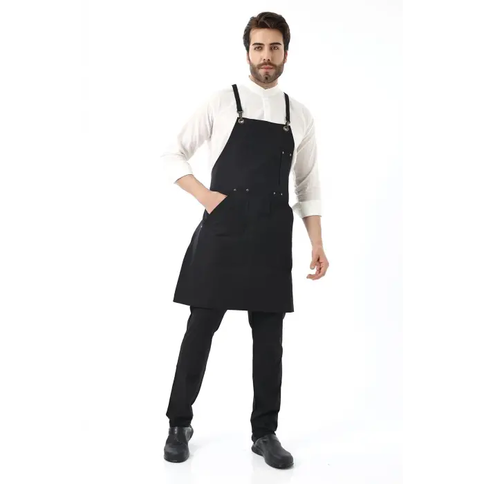 Barista Askılı Önlük Kanguru Cepli - Siyah