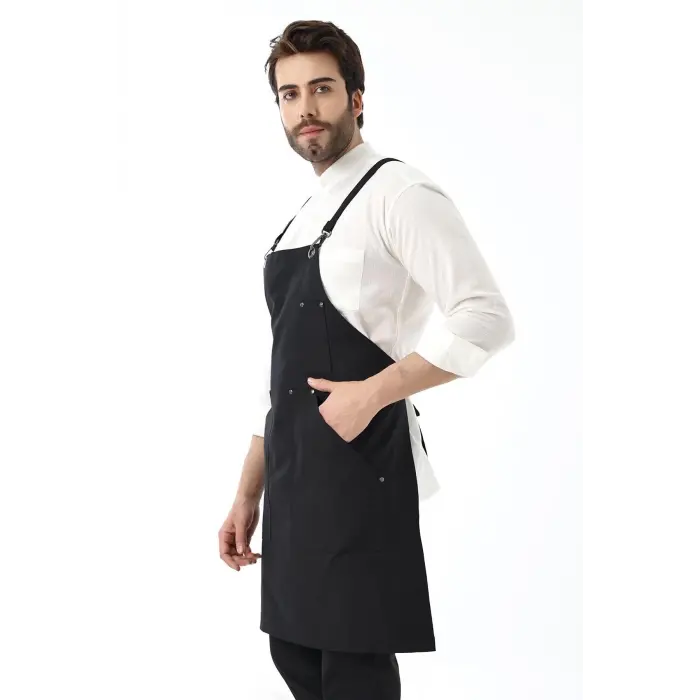 Barista Askılı Önlük Kanguru Cepli - Siyah