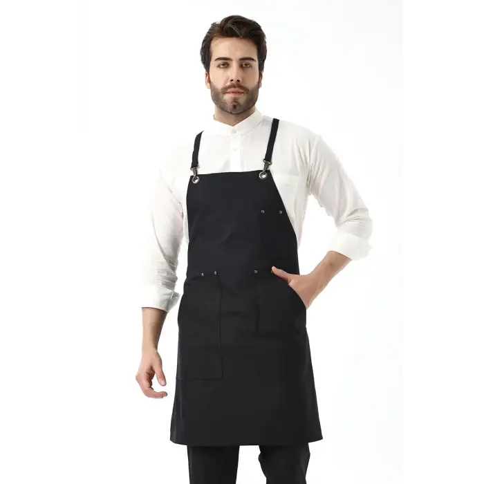Barista Askılı Önlük Kanguru Cepli - Siyah