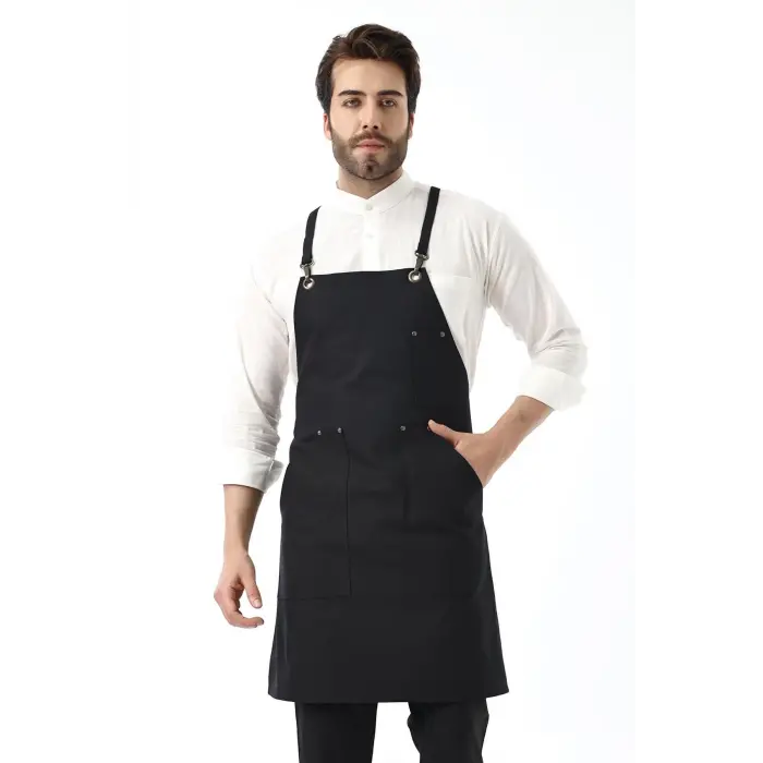 Barista Askılı Önlük Kanguru Cepli - Siyah