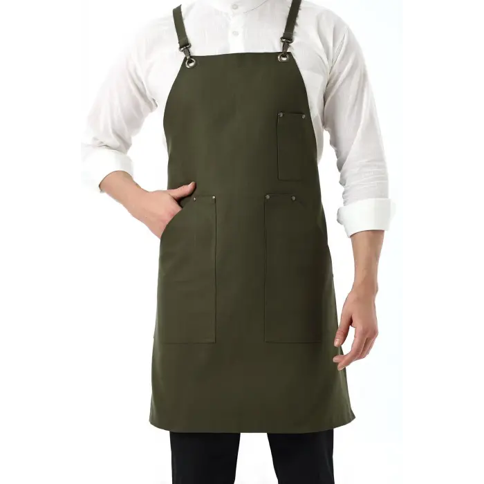 Barista Askılı Önlük Kanguru Cepli - Yeşil