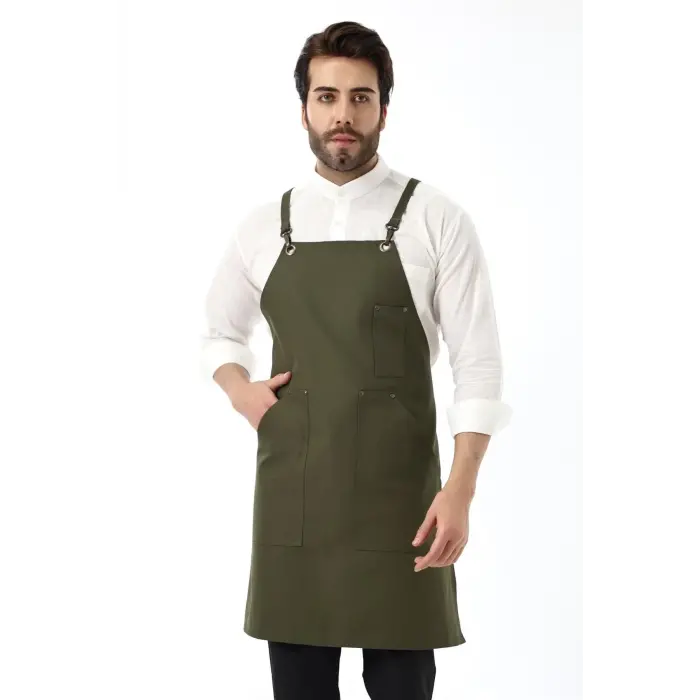 Barista Askılı Önlük Kanguru Cepli - Yeşil