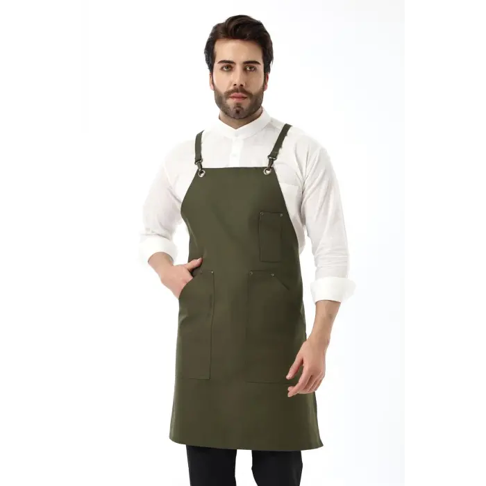 Barista Askılı Önlük Kanguru Cepli - Yeşil