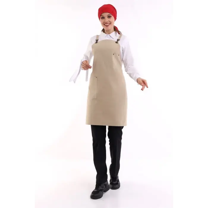 Barista Askılı Önlük Tek Cepli - Bej