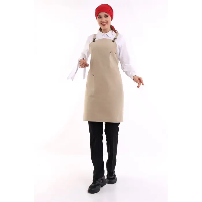 Barista Askılı Önlük Tek Cepli - Bej