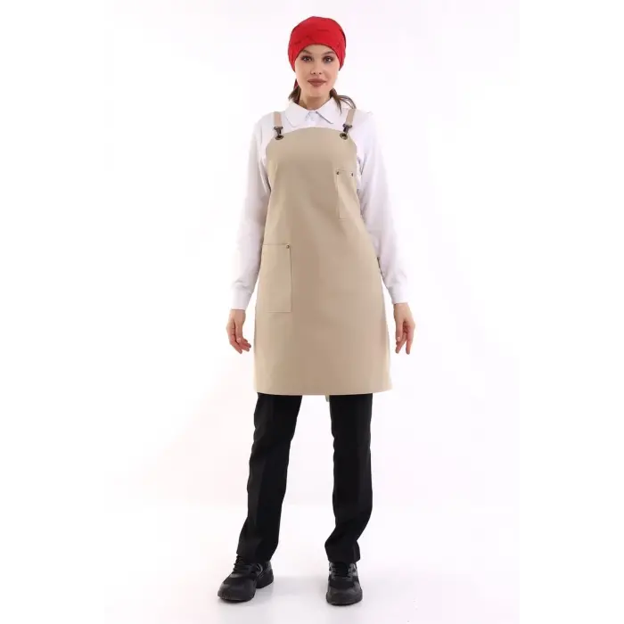 Barista Askılı Önlük Tek Cepli - Bej
