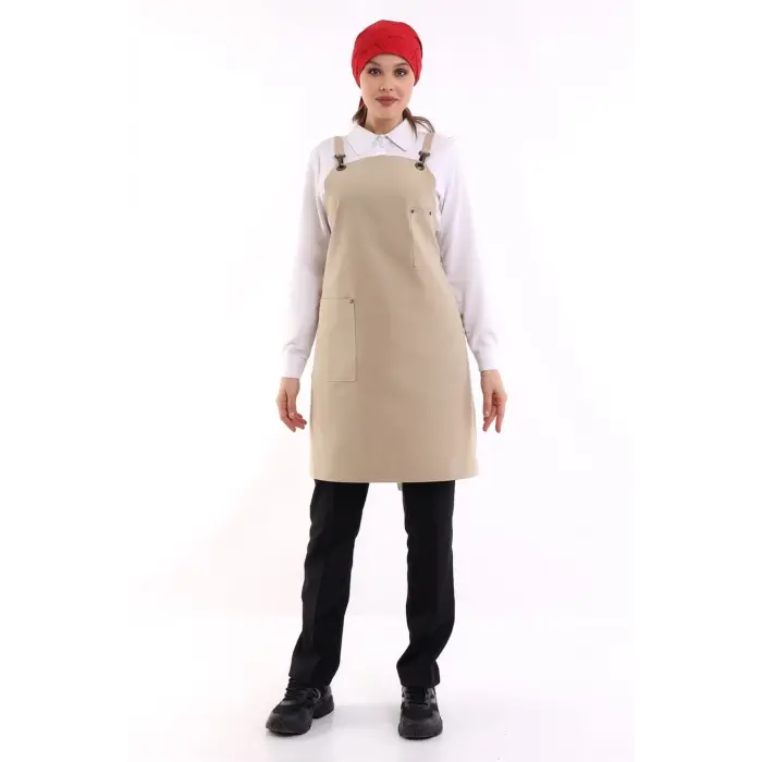 Barista Askılı Önlük Tek Cepli - Bej