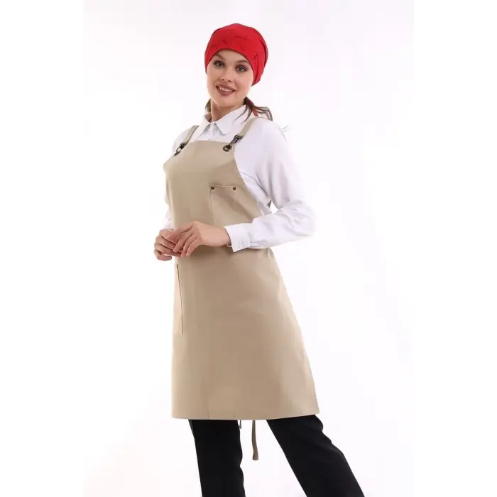 Barista Askılı Önlük Tek Cepli - Bej