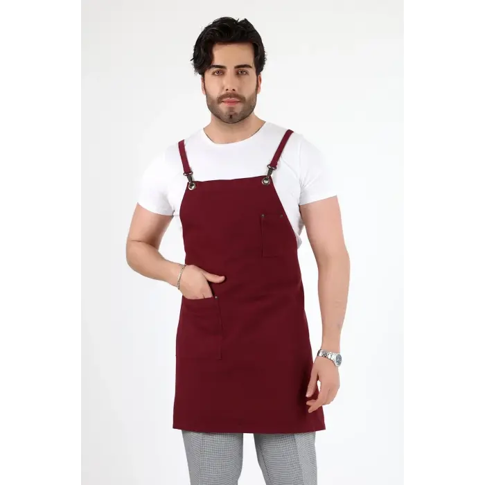 Barista Askılı Önlük Tek Cepli - Bordo