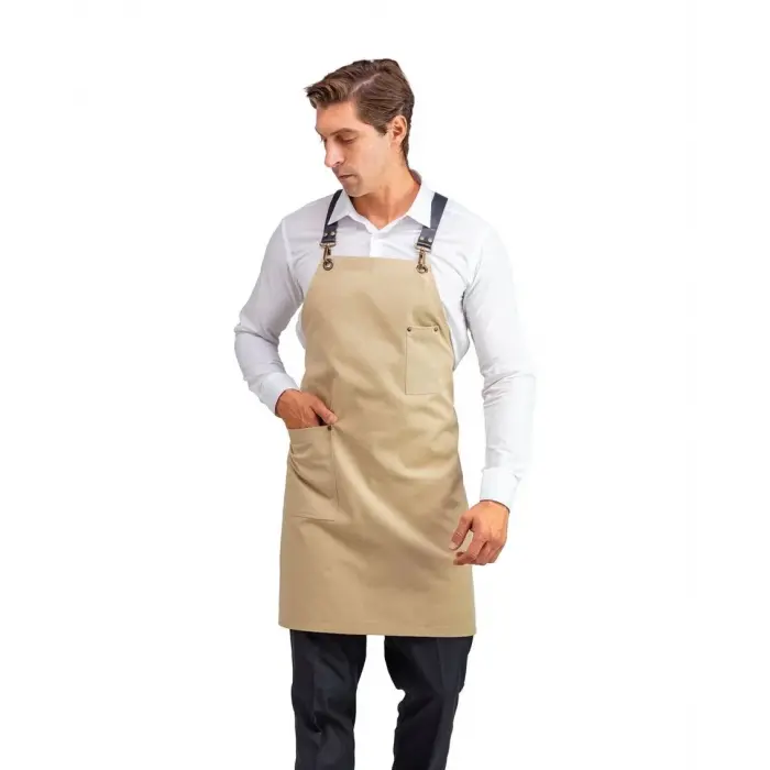 Barista Askılı Önlük Tek Cepli Deri Kemerli - Bej