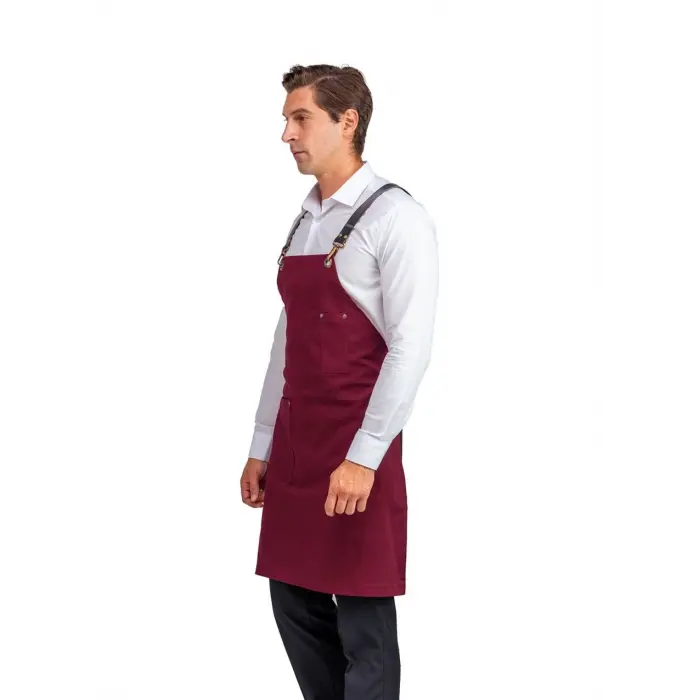 Barista Askılı Önlük Tek Cepli Deri Kemerli - Bordo