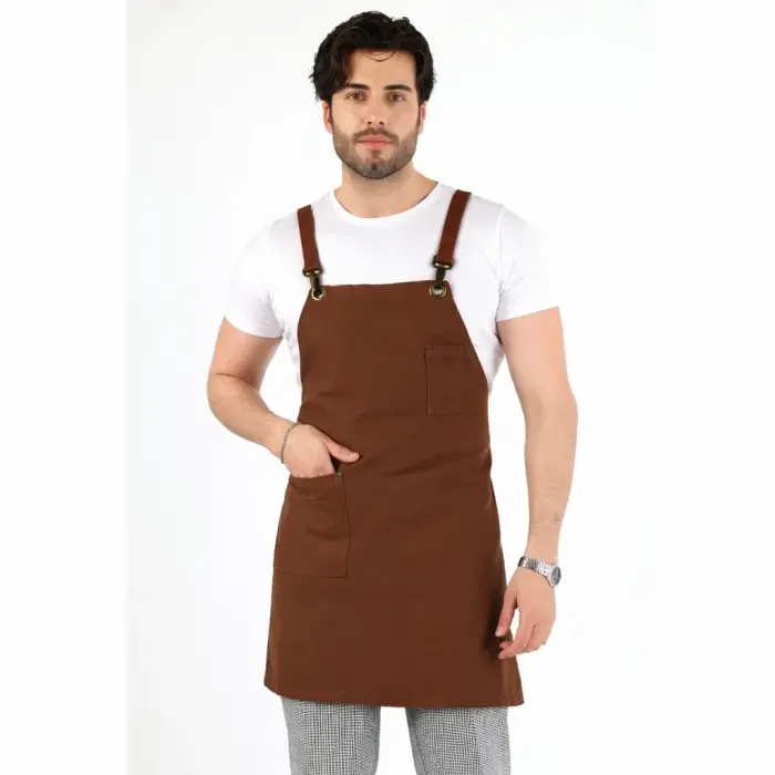 Barista Askılı Önlük Tek Cepli Deri Kemerli - Kahve