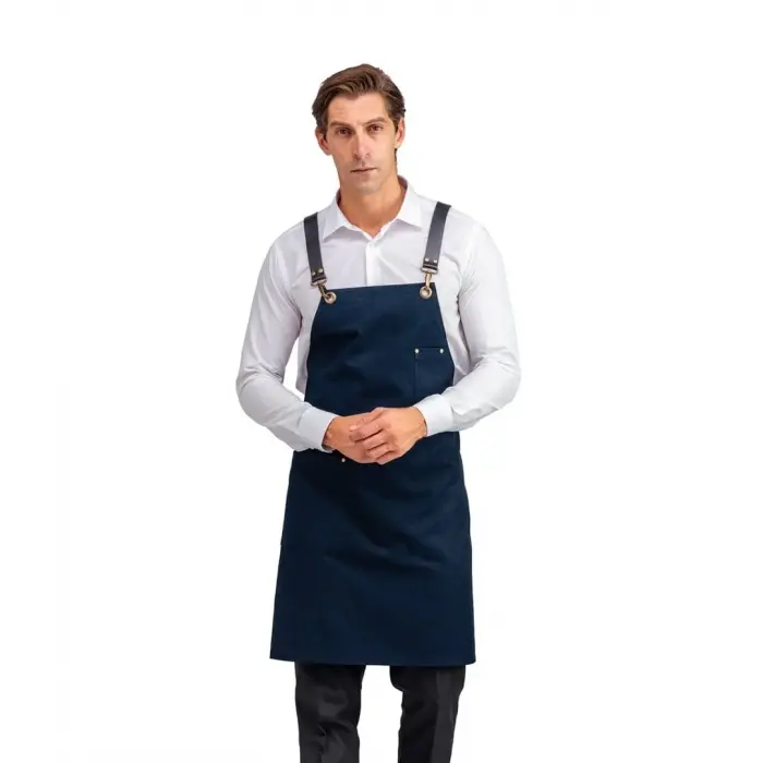 Barista Askılı Önlük Tek Cepli Deri Kemerli  - Lacivert