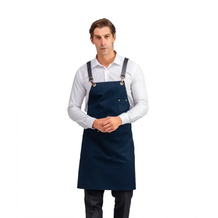 Barista Askılı Önlük Tek Cepli Deri Kemerli  - Lacivert