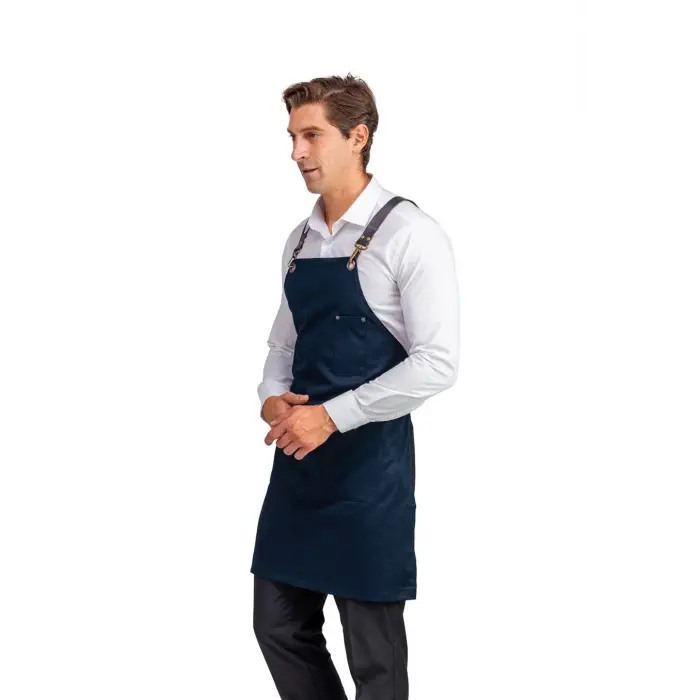 Barista Askılı Önlük Tek Cepli Deri Kemerli  - Lacivert