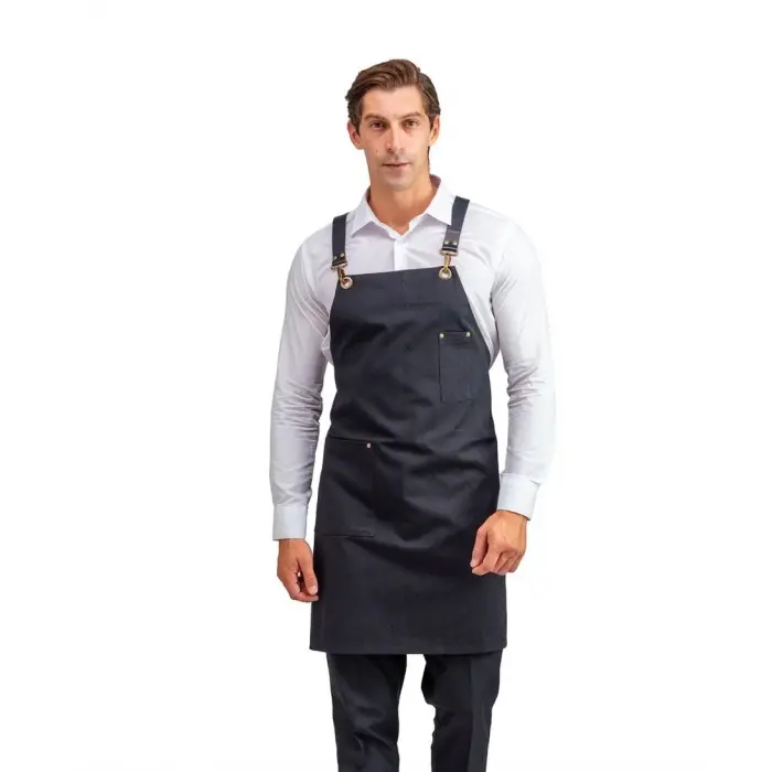 Barista Askılı Önlük Tek Cepli Deri Kemerli - Siyah