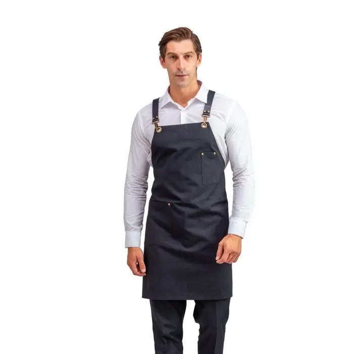 Barista Askılı Önlük Tek Cepli Deri Kemerli - Siyah