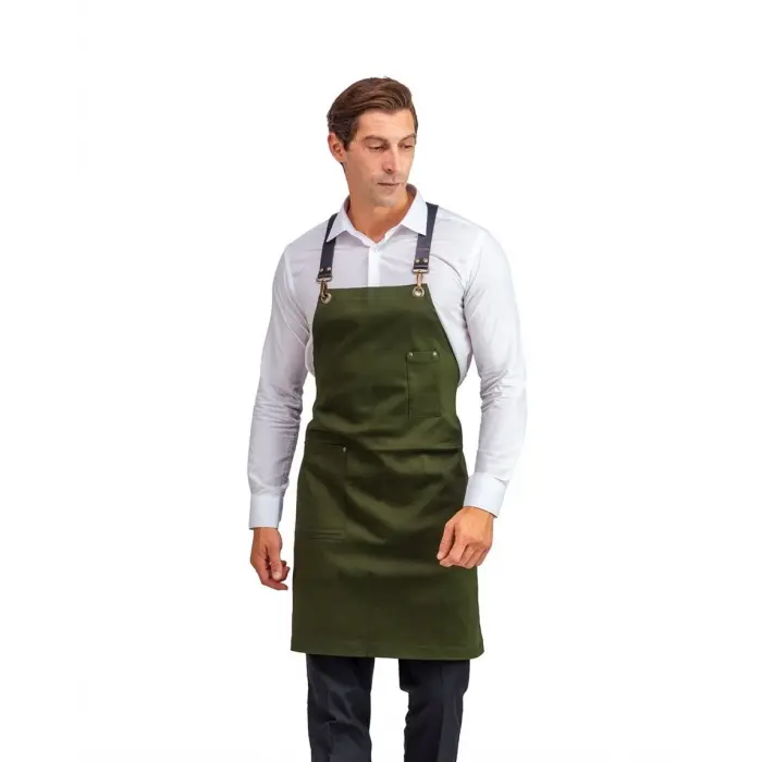 Barista Askılı Önlük Tek Cepli Deri Kemerli - Yeşil