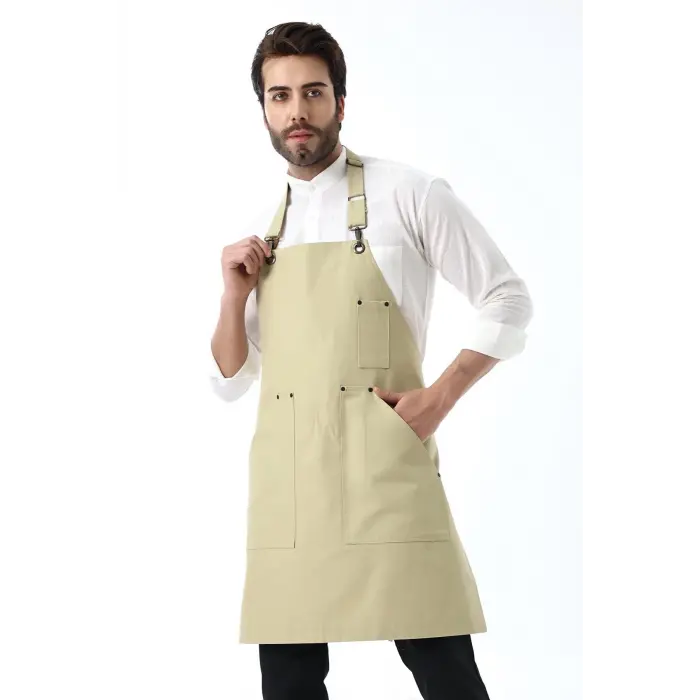 Barista Boyundan Askılı Önlük Kanguru Cepli - Bej