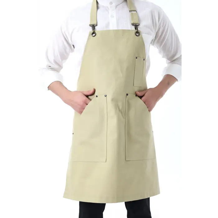 Barista Boyundan Askılı Önlük Kanguru Cepli - Bej