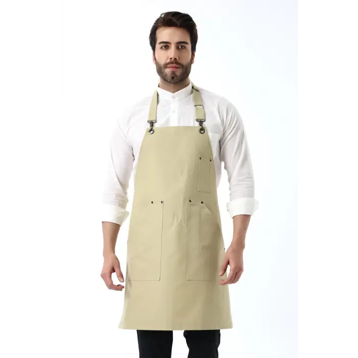 Barista Boyundan Askılı Önlük Kanguru Cepli - Bej