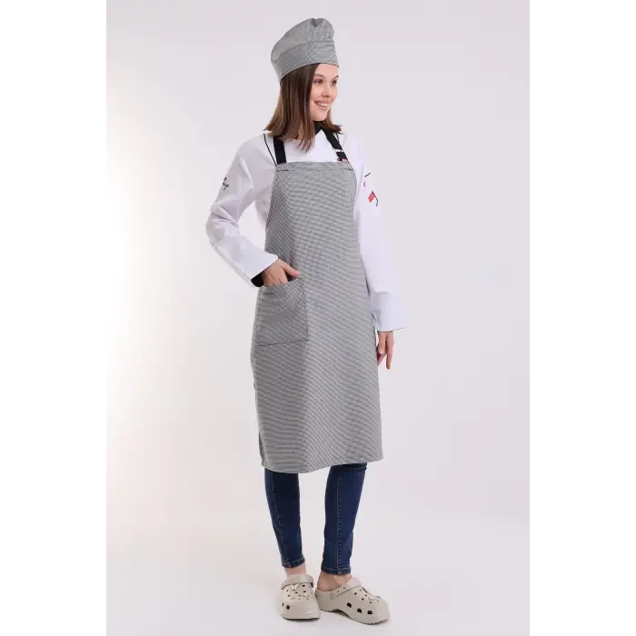 Desenli Askılı Önlük - 209 Kaz Ayağı Siyah Beyaz