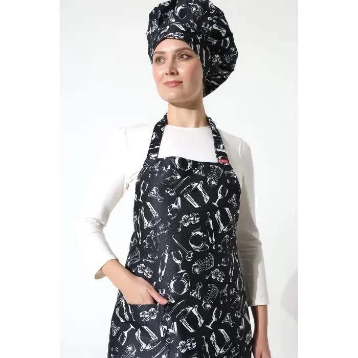 Desenli Askılı Önlük - 2502 Siyah Merdane