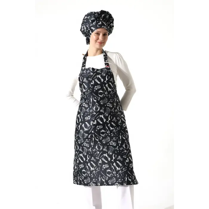 Desenli Askılı Önlük - 2502 Siyah Merdane
