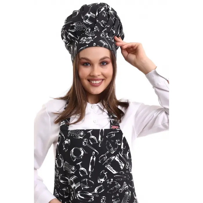 Desenli Askılı Önlük - 2502 Siyah Merdane