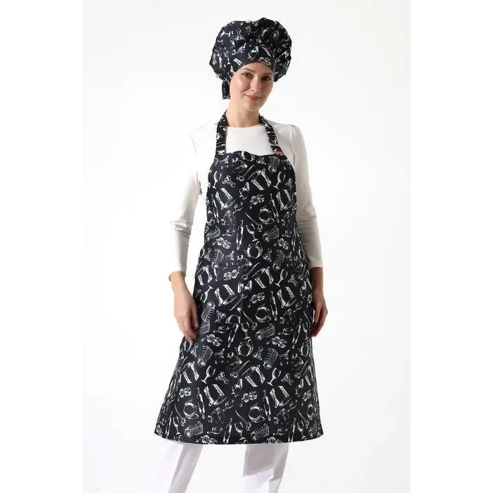 Desenli Askılı Önlük - 2502 Siyah Merdane