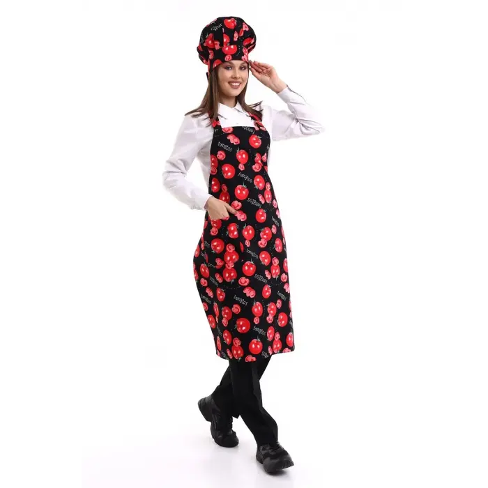 Desenli Askılı Önlük - 3201 Domates