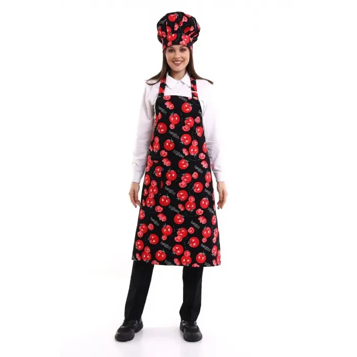 Desenli Askılı Önlük - 3201 Domates