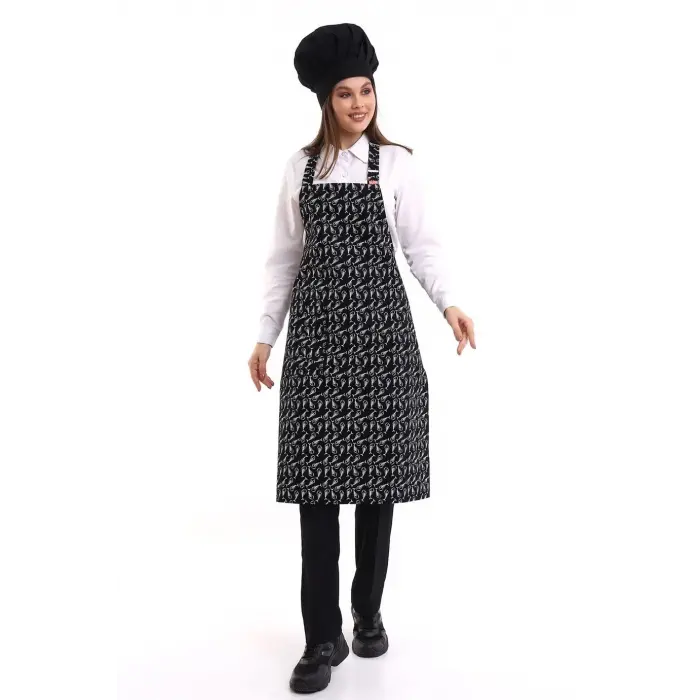 Desenli Askılı Önlük - 3802 Kılçık Siyah