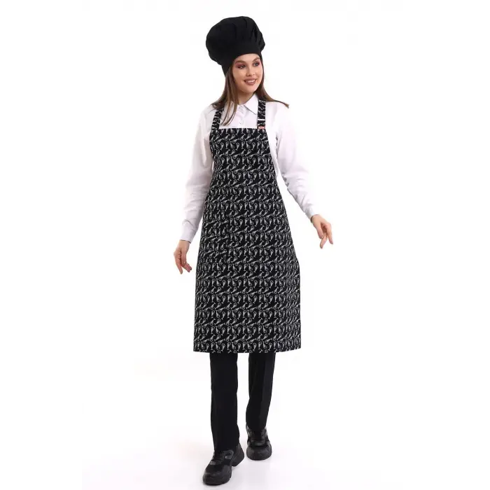 Desenli Askılı Önlük - 3802 Kılçık Siyah