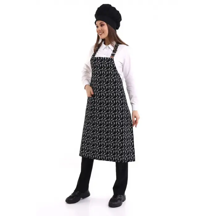 Desenli Askılı Önlük - 3802 Kılçık Siyah