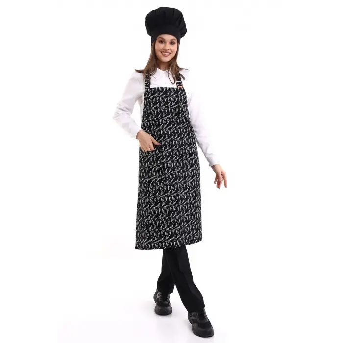 Desenli Askılı Önlük - 3802 Kılçık Siyah