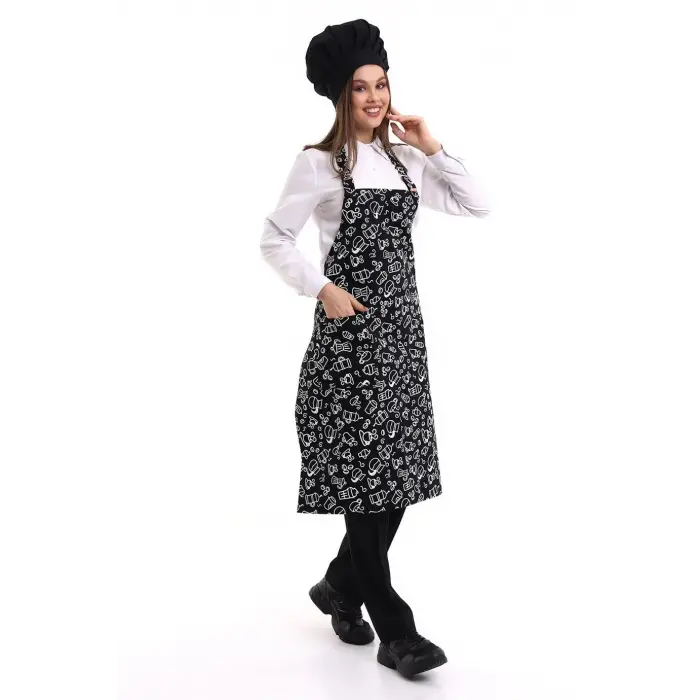 Desenli Askılı Önlük - 3803 Siyah Fincan
