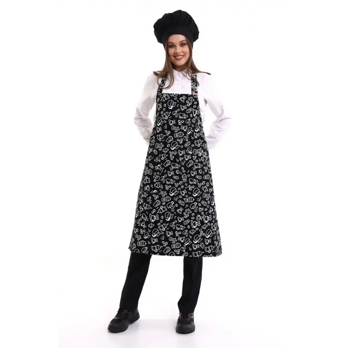 Desenli Askılı Önlük - 3803 Siyah Fincan