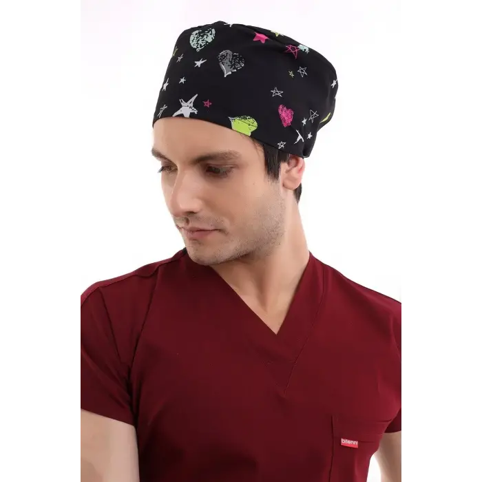 Dijital Unisex Desenli Bone - 6506 Siyah Yıldız Kalp