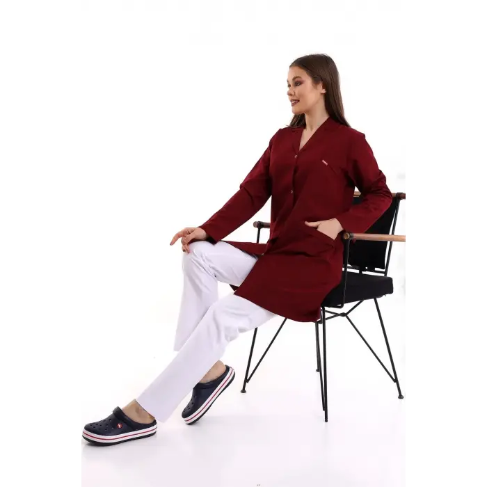 Doktor Öğretmen Kadın Önlük Ara Boy Ceket Yaka - 19 Bordo