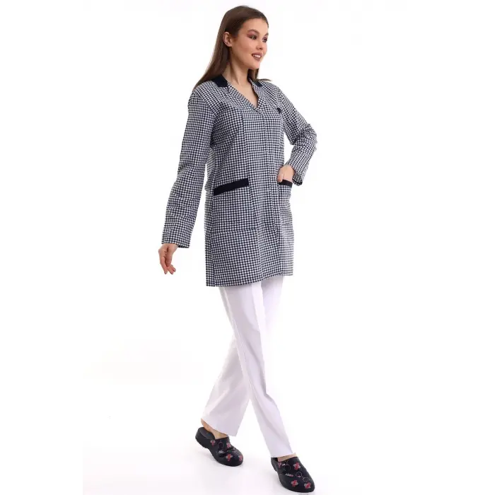 Doktor Öğretmen Kadın Önlük Ara Boy Ceket Yaka - Pöti Kare Lacivert