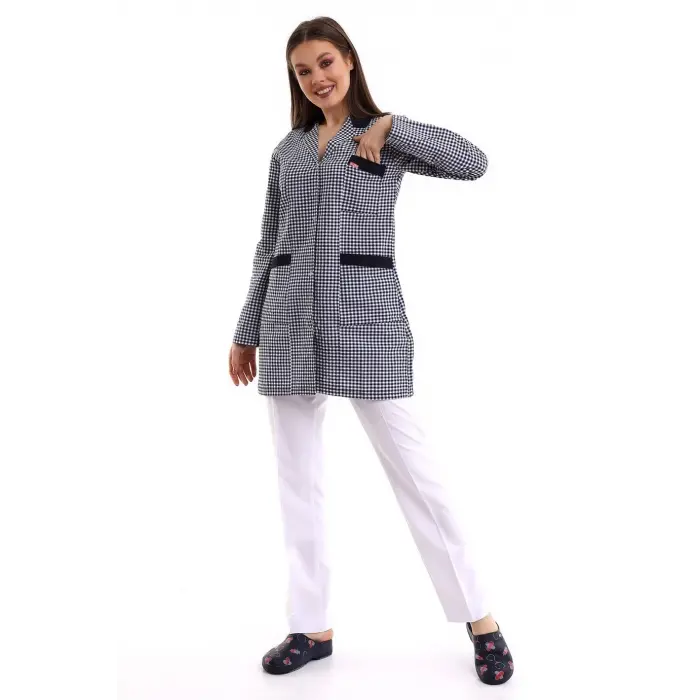 Doktor Öğretmen Kadın Önlük Ara Boy Ceket Yaka - Pöti Kare Lacivert