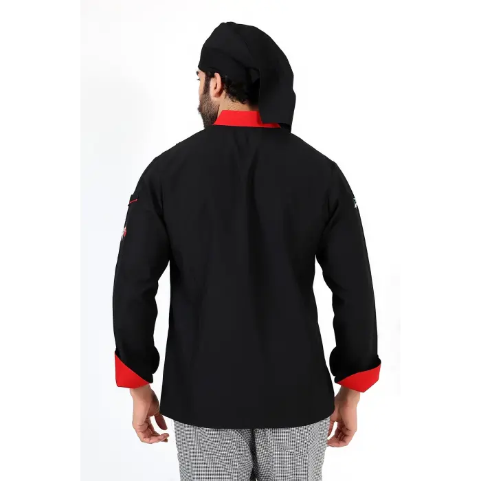 Erkek Aşçı Ceket 01 - Siyah Kırmızı Biye