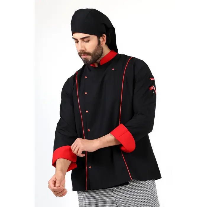 Erkek Aşçı Ceket 01 - Siyah Kırmızı Biye