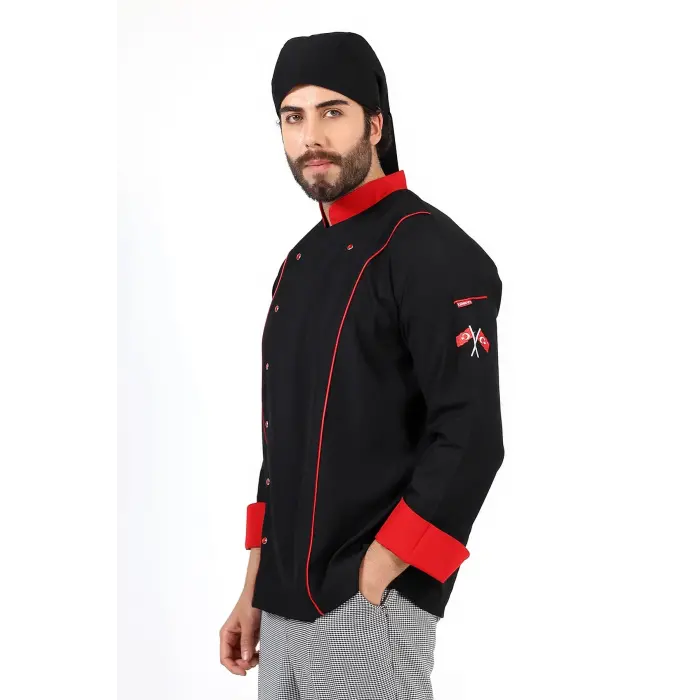 Erkek Aşçı Ceket 01 - Siyah Kırmızı Biye