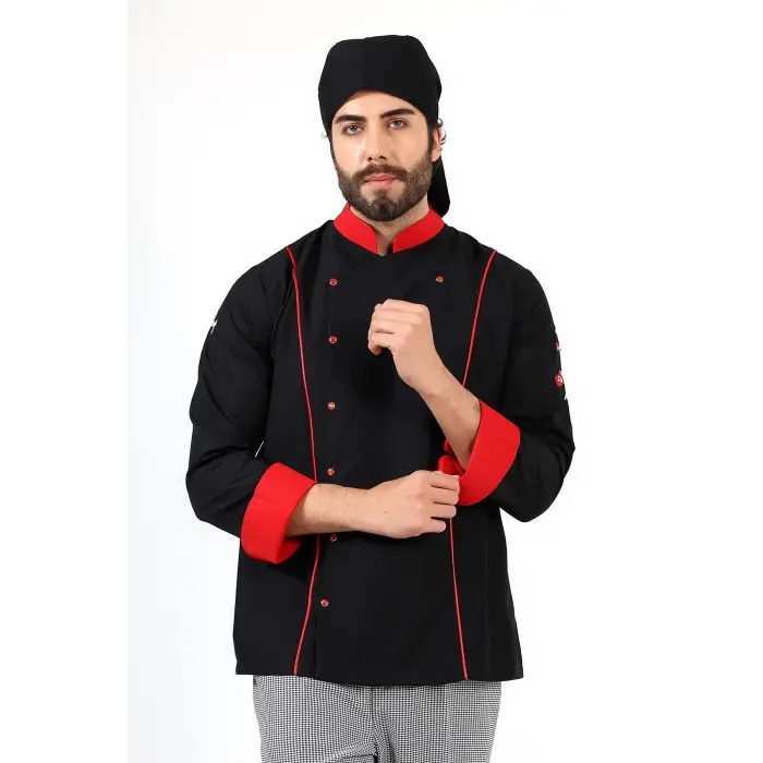 Erkek Aşçı Ceket 01 - Siyah Kırmızı Biye