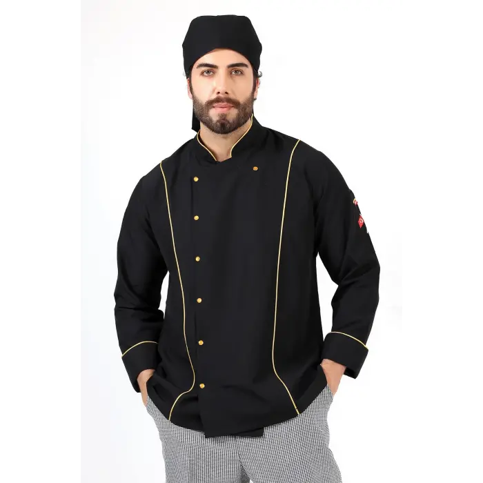 Erkek Aşçı Ceket 01 - Siyah-sarı Biye