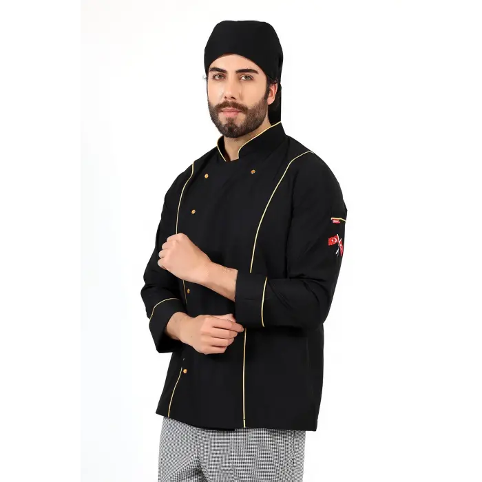 Erkek Aşçı Ceket 01 - Siyah-sarı Biye