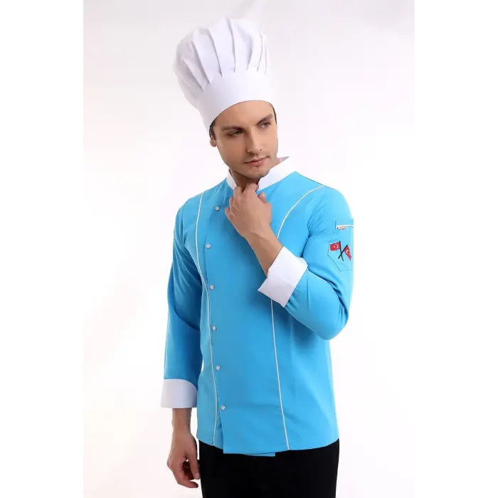 Erkek Aşçı Ceket 01 - Turkuaz Beyaz Biye