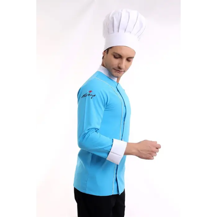 Erkek Aşçı Ceket 01 - Turkuaz Beyaz Biye